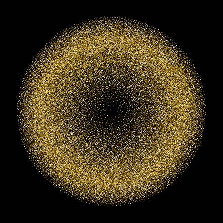 Gold glitter texture isolated on black. Glittering tinsel. Gilded abstract particles. Explosion of confetti shine. Amber particles color.のイラスト素材