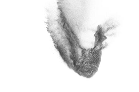 Black particles explosion isolated on white background.  Abstract dust overlay texture.
