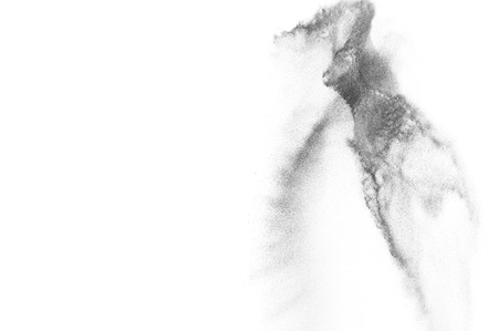 Black particles explosion isolated on white background.  Abstract dust overlay texture.
