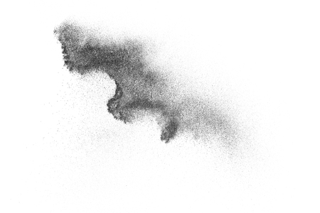Black particles explosion isolated on white background.  Abstract dust overlay texture.の写真素材