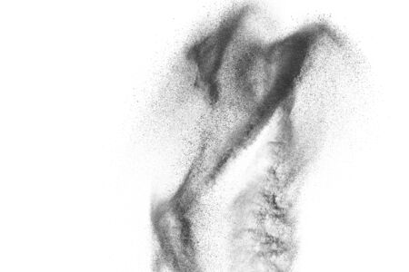 Black particles explosion isolated on white background.  Abstract dust overlay texture.