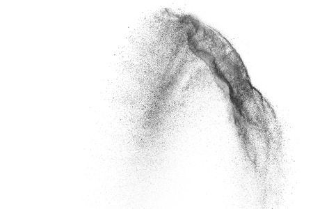 Black particles explosion isolated on white background.  Abstract dust overlay texture.の写真素材