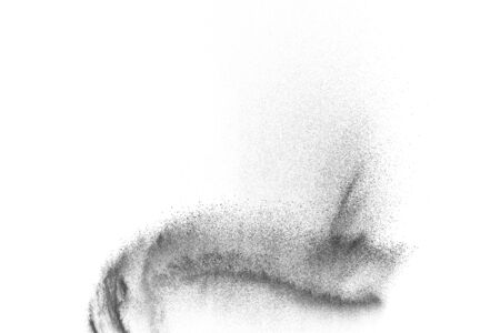 Black particles explosion isolated on white background.  Abstract dust overlay texture.の写真素材