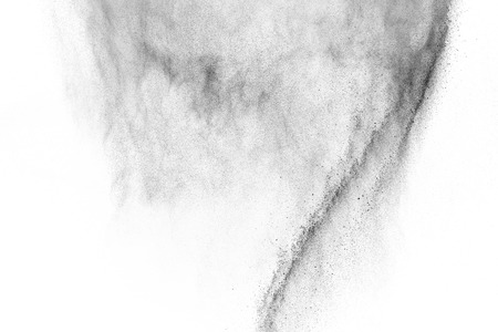 Black particles explosion isolated on white background.  Abstract Dust Overlay Texture.の写真素材