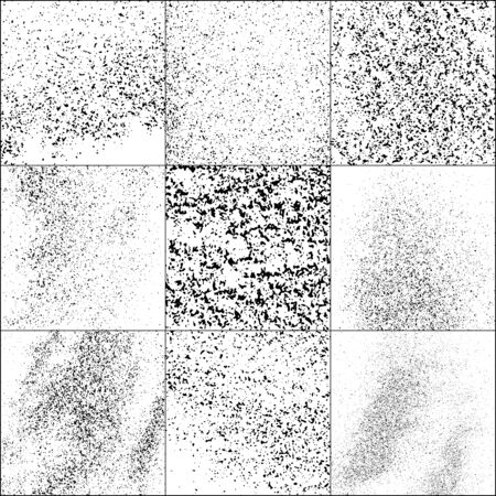 Set of Black Grainy Texture Isolated on White Background. Dust Overlay Textured. Dark Rough Noise Particles. Digitally Generated Image. Vector Design Elements, Illustration, EPS 10.のイラスト素材