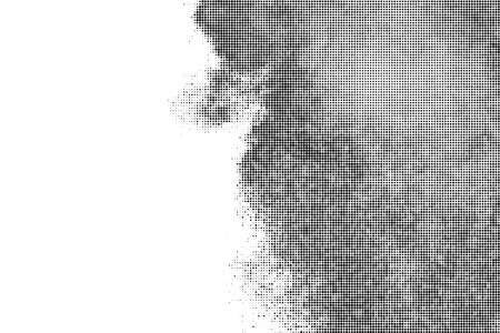 Black Halftone Texture On White Background. Modern Dotted Futuristic Backdrop. Fade Noise Overlay. Digitally Generated Image. Pop Art Style. Vector illustration, Eps 10.のイラスト素材