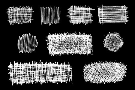 Set of scribble hand drawn in chalk on black background. Shabby white texture. Monochrome stain element. Rusted effect. digitally generated image. Vector illustration, Eps 10.のイラスト素材