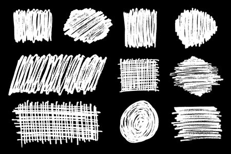 Set of scribble hand drawn in chalk on black background. Shabby white texture. Monochrome stain element. Rusted effect. digitally generated image. Vector illustration, Eps 10.のイラスト素材