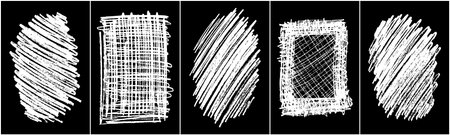 Set of scribble hand drawn in chalk on black background. Shabby white texture. Monochrome stain element. Rusted effect. digitally generated image. Vector illustration, Eps 10.のイラスト素材