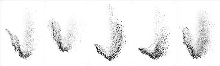 Set of explosion black grainy texture isolated on white background. Dust overlay textured. Dark noise particles. Grunge design elements. Vector illustration, Eps 10.のイラスト素材