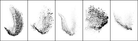 Set of explosion black grainy texture isolated on white background. Dust overlay textured. Dark noise particles. Grunge design elements. Vector illustration, Eps 10.のイラスト素材