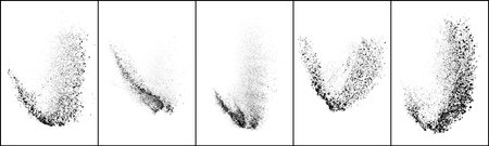 Set of explosion black grainy texture isolated on white background. Dust overlay textured. Dark noise particles. Grunge design elements. Vector illustration, Eps 10.のイラスト素材