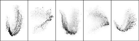 Set of explosion black grainy texture isolated on white background. Dust overlay textured. Dark noise particles. Grunge design elements. Vector illustration, Eps 10.のイラスト素材