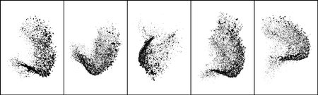 Set of explosion black grainy texture isolated on white background. Dust overlay textured. Dark noise particles. Grunge design elements. Vector illustration, Eps 10.のイラスト素材