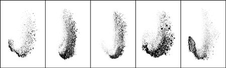 Set of explosion black grainy texture isolated on white background. Dust overlay textured. Dark noise particles. Grunge design elements. Vector illustration, Eps 10.のイラスト素材