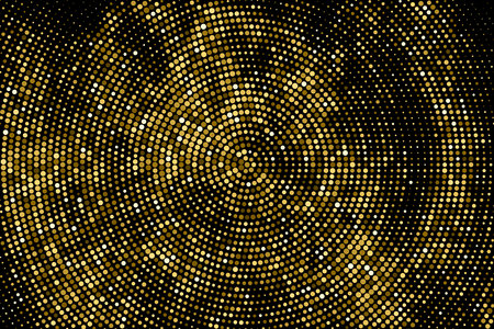 Gold Glitter Halftone Dotted Backdrop. Abstract Circular Retro Pattern. Pop Art Style Background. Golden Explosion Of Confetti. Digitally Generated Image. Vector illustration, Eps 10.のイラスト素材