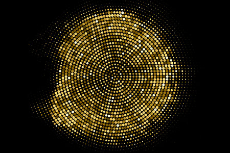 Gold Glitter Halftone Dotted Backdrop. Abstract Circular Retro Pattern. Pop Art Style Background. Golden Explosion Of Confetti. Digitally Generated Image. Vector illustration, Eps 10.のイラスト素材