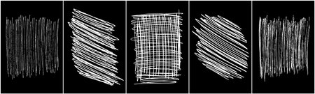 Set of scribble hand drawn in chalk on black background. Shabby white texture. Monochrome stain element. Rusted effect. digitally generated image. Vector illustration, Eps 10.のイラスト素材