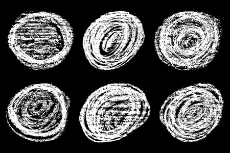 Set of scribble hand drawn in chalk on black background. Shabby white texture. Monochrome stain element. Rusted effect. digitally generated image. Vector illustration, Eps 10.のイラスト素材