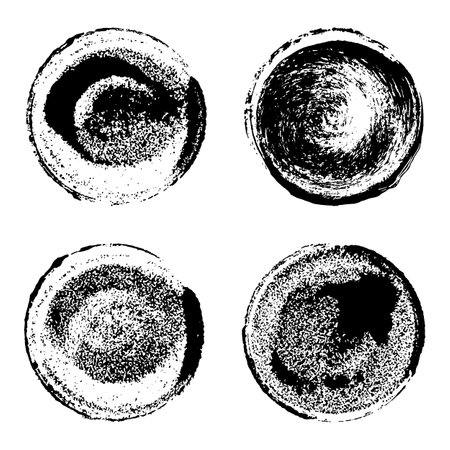Set of black stamp texture round shape isolated on white background. Grainy textured design elements. Vector illustration, eps 10.のイラスト素材