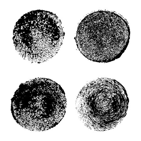 Set of abstract brush strokes. Black stamp texture round shape isolated on white background. Grainy textured design elements. Vector illustration, eps 10.のイラスト素材