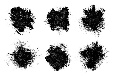 Set of black abstract brush strokes. Ink stain isolated on white background. Grainy textured design elements. Vector illustration, eps 10.のイラスト素材