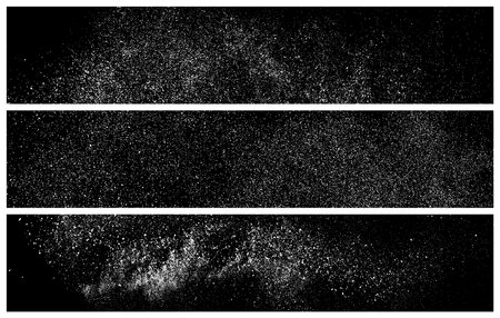 Set Of White Grainy Texture On Black. panoramic background. Wide Horizontal Long Banner For Site. Dust Overlay. Light Colored Noise Granules. Snow Vector Elements. Illustration, EPS 10.のイラスト素材