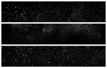 Set Of White Grainy Texture On Black. panoramic background. Wide Horizontal Long Banner For Site. Dust Overlay. Light Colored Noise Granules. Snow Vector Elements. Illustration, EPS 10.のイラスト素材