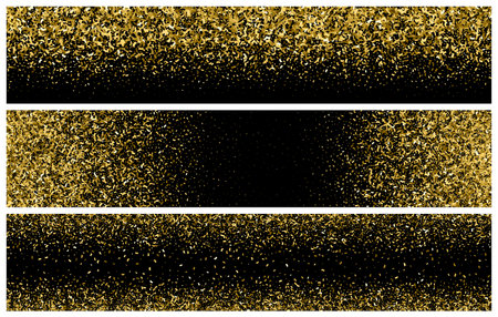 Set Of Gold Glitter Texture On Black. Horizontal Long Banner For Site. Panoramic Celebratory Background. Golden Explosion Of Confetti. Vector illustration, Eps 10.のイラスト素材