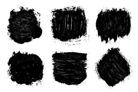 Set of black abstract brush strokes. Ink stain isolated on white background. Grainy textured design elements. Vector illustration, eps 10.のイラスト素材