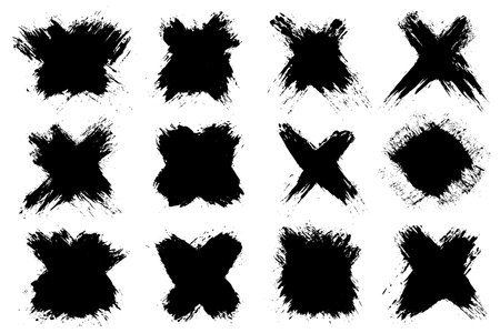 Set of black abstract brush strokes. Ink stain isolated on white background. Grainy textured design elements. Vector illustration, eps 10.のイラスト素材
