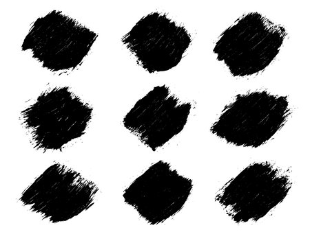 Set of black abstract brush strokes. Ink stain isolated on white background. Grainy textured design elements. Vector illustration, eps 10.のイラスト素材