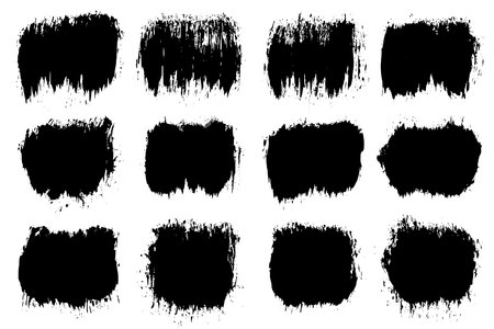 Set of black abstract brush strokes. Ink stain isolated on white background. Grainy textured design elements. Vector illustration, eps 10.のイラスト素材