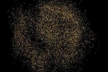 Gold Glitter Texture Isolated On Black. Goldish Color Sequins. Golden Explosion Of Confetti. design element. Celebratory background. Vector illustration, Eps 10.のイラスト素材