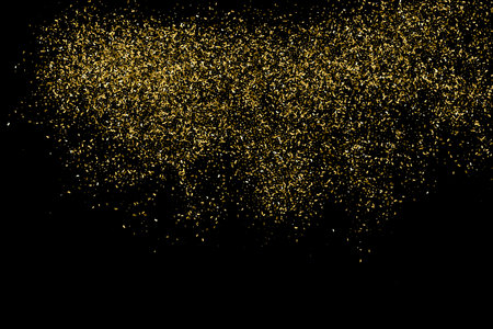 Gold Glitter Texture Isolated On Black. Goldish Color Sequins. Golden Explosion Of Confetti. design element. Celebratory background. Vector illustration, Eps 10.のイラスト素材