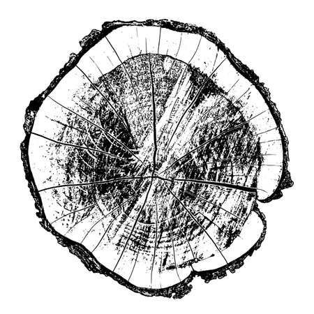 Distressed wood texture on white background. Cross section tree rings cut slice. Round wooden design elements. Vector illustration, EPS 10.のイラスト素材