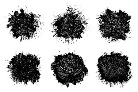 Set of black abstract brush strokes. Ink stain isolated on white background. Grainy textured design elements. Vector illustration, eps 10.のイラスト素材
