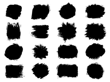 Set of black abstract brush strokes. Ink stain isolated on white background. Grainy textured design elements. Vector illustration, eps 10.のイラスト素材