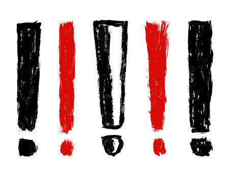 Set of black and red exclamation mark isolated on white background. Precautions symbol. Ink brush strokes. watercolor icon design. Vector illustration, eps 10.のイラスト素材