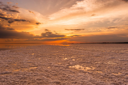 Sunset or sunrise sky. Clouds over water. Golden Dawn. Dramatic coast nature background. Beautiful sea beach at sunset. Morning shoreline sunlight.の写真素材