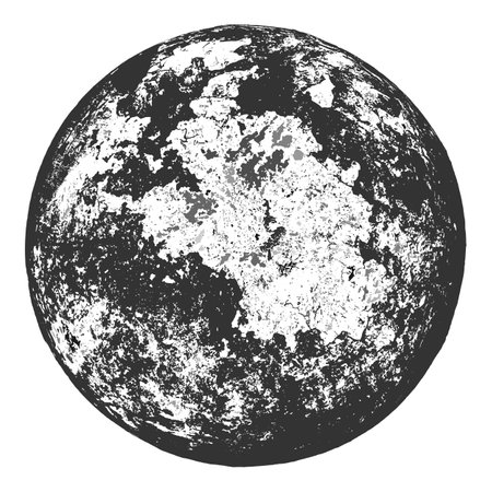 Moon, earth, planet isolated on white background. Abstract black stamp texture round shape. Grainy circle textured design elements. Vector illustration. EPS 10.のイラスト素材