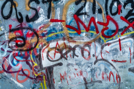 Graffiti wall background. Abstract paint pattern. Street art texture. Color creative drawing. Urban fashion design culture. City vintage poster.の写真素材