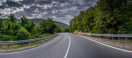 Road landscape forest and mountain. Empty long mountain road to the horizon on a sunny summer day...