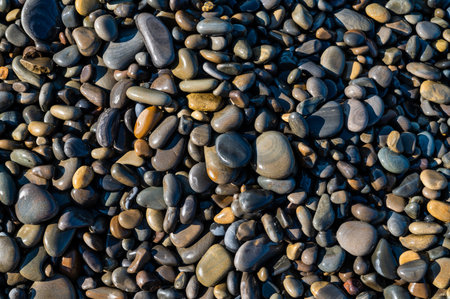 Wet sea pebbles close-up. Rocky beach on the sea, ocean, river, lake, pond. Natural background for design.の写真素材