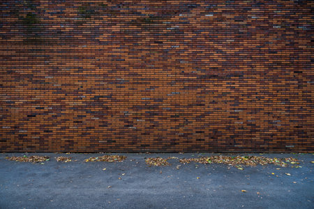 Fragment of empty aged street city brick wall of building and asphalt. Building faÃ§ade. Mockup or background for creativity. Red brick wall background. Grunge urban design.の写真素材