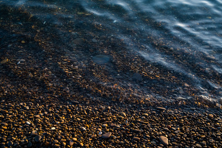 Underwater pebble backgrounds. Colorful stones sea bottom and sea fish in the sun rays. View from...