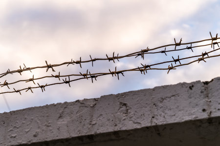 Barbed wire against the blue sunset sky. Border fence or prison.の写真素材