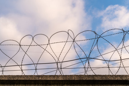 Barbed wire against the blue sunset sky. Concept photo for border fence or prison.の写真素材