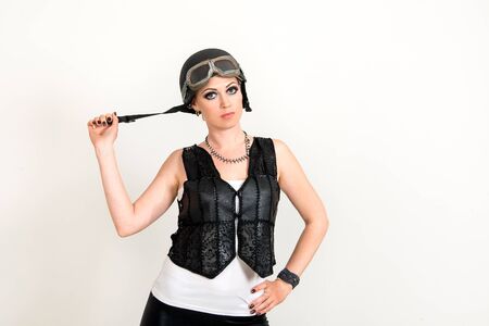 Fashion portrait of sexy stunning hipster woman, bright make up, vintage sunglasses, biker leather...