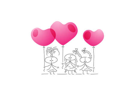 Three girls with hairstyles with pink balloons in the form of hearts celebrate Valentine's Day. Characters are created in a linear style with a black line. Combined with brightly colored elements.のイラスト素材